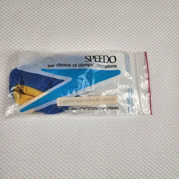 Vintage 80s Speedo Panel Swim Cap Electric Blue Gold Lycra Deadstock - Picture 3 of 3